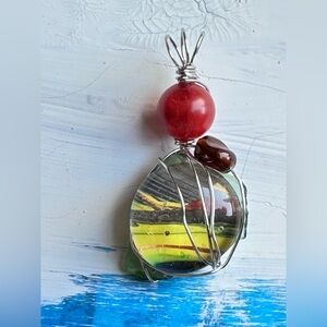 Art Glass Pendant Hand Painted Cabochon, Beaded, Wire Wrapped Handmade  4226 Y